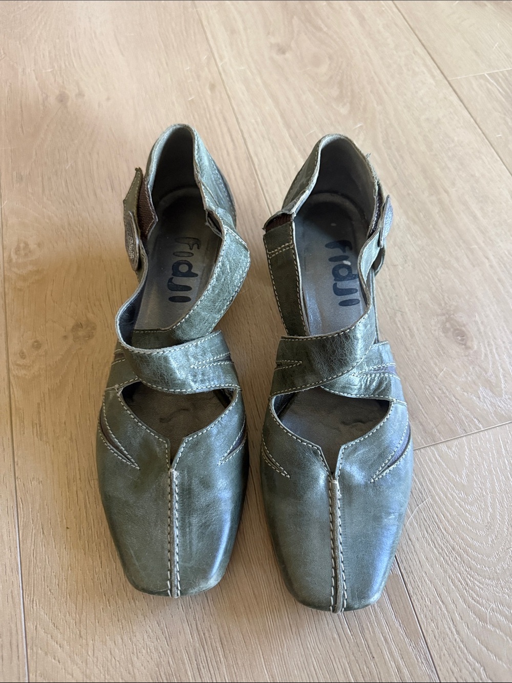 Olive Green Leather Cross-Strap Flats with Adjustable Strap